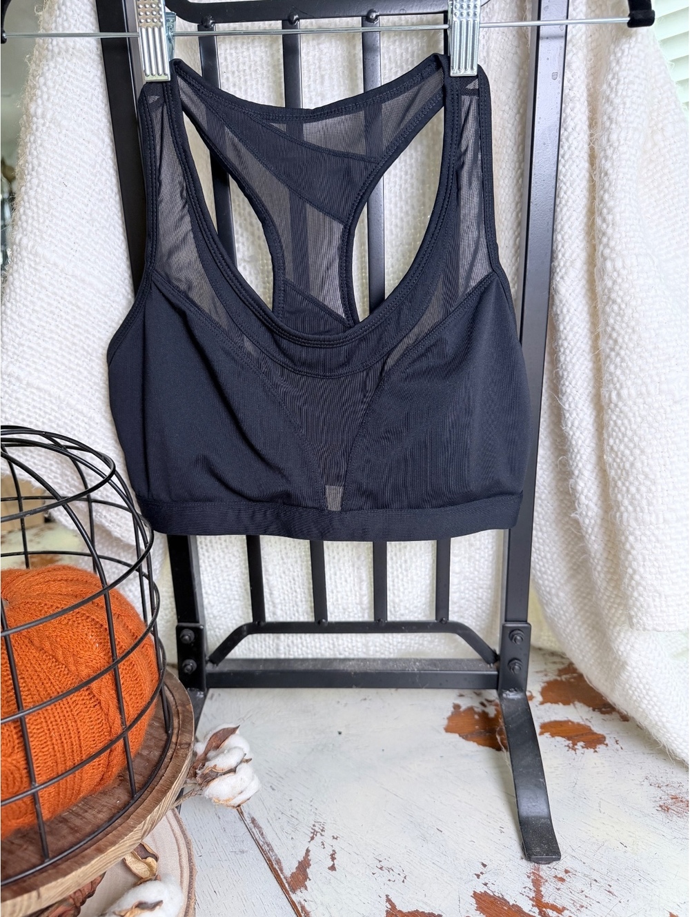 Fabletics Black Racerback Sports Bra with Mesh Detail S